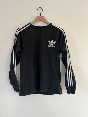 adidas Black Tee with Logo and white stripes on the arms - Women’s Medium